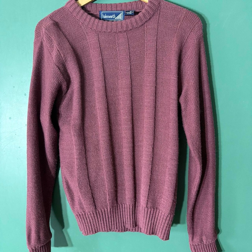 Vintage 1980s Halesworth Burgundy Acrylic Knit Crewneck Sweater Mens Medium
